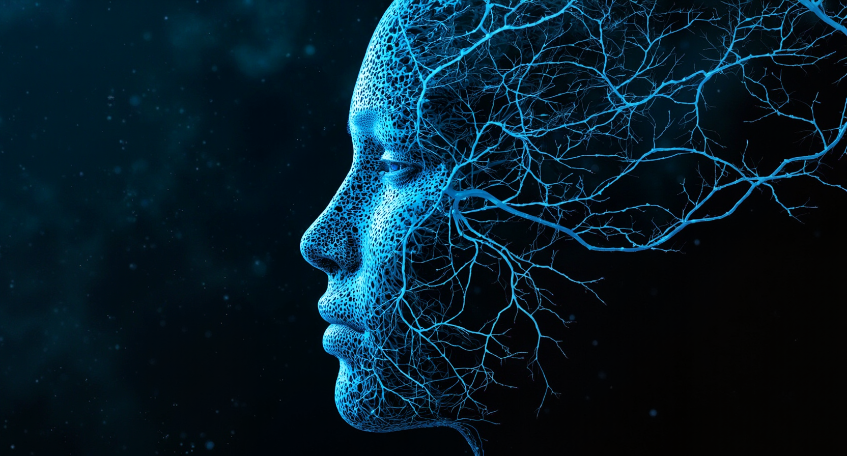 Neural network visualization of a human face profile in glowing blue wireframe, representing the intersection of human intelligence and AI